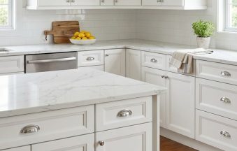 Millennium White kitchen cabinets by CCC Cabinets shown in an L-shaped kitchen with a centre island - raised-panel door in a clean painted white, wholesale cabinetry in Des Plaines, Chicagoland