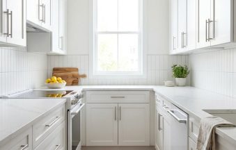 Pure White kitchen cabinets by CCC Cabinets shown in a narrow galley kitchen - flat shaker door in a bright painted white, wholesale cabinetry in Des Plaines, Chicagoland
